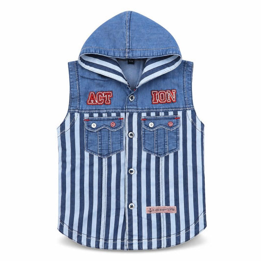 Front view of Preworn boys’ black striped basic button-up, size L, - action