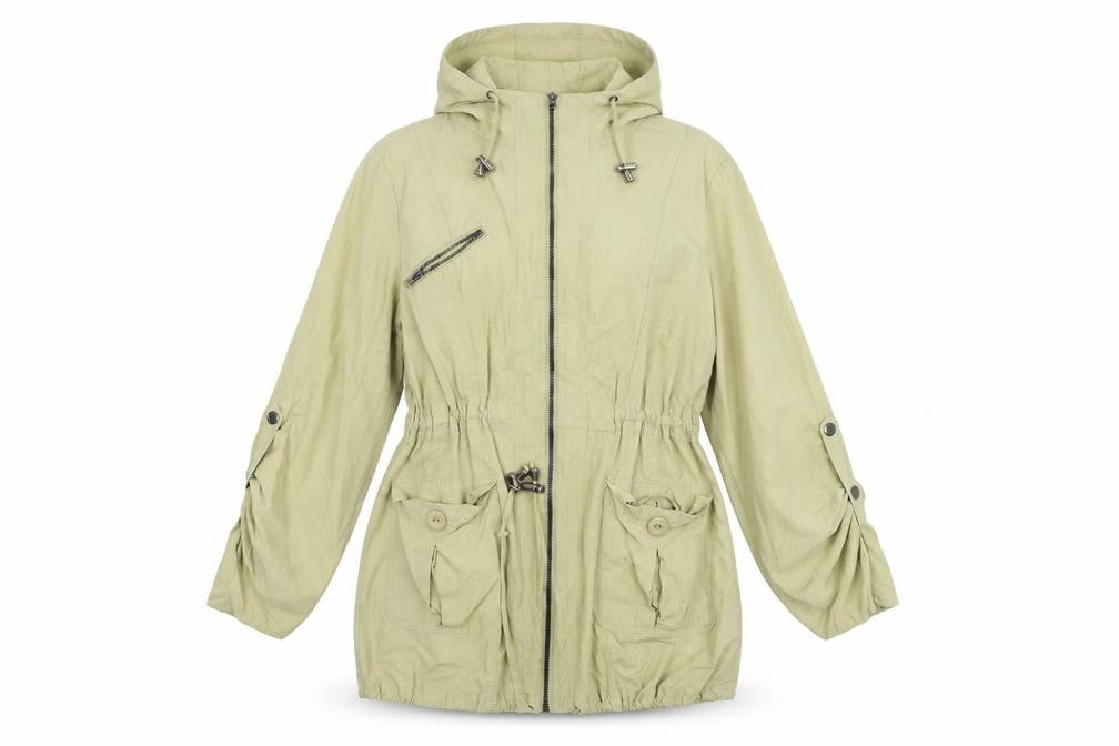 Front view of TG women’s beige jacket, size UK 12