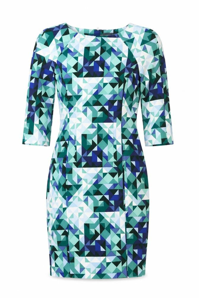 Front view of H&M women’s green geometric bodycon, size UK 36