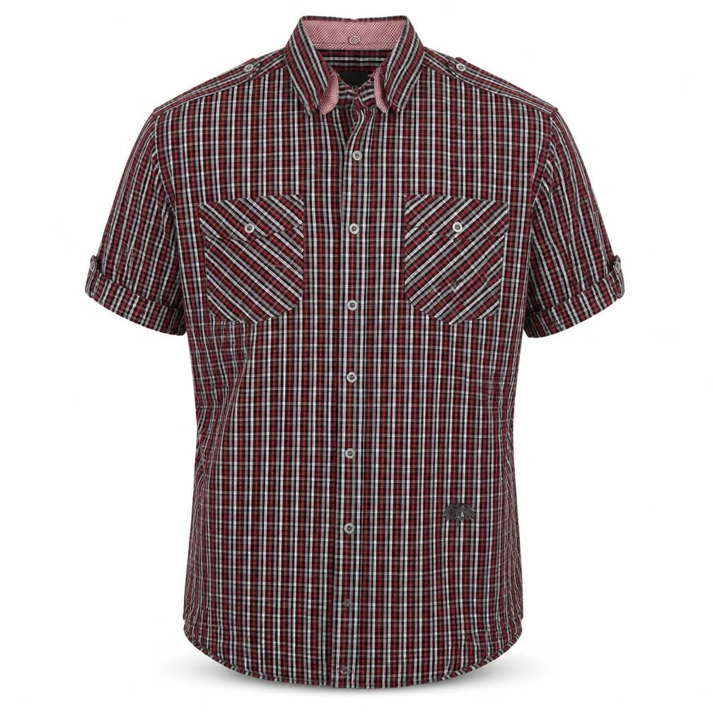 Front view of Soviet men’s red check button-up, size L