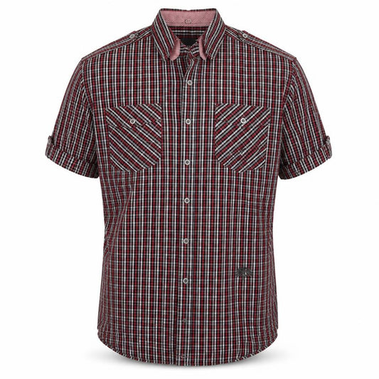 Front view of Soviet men’s red check button-up, size L