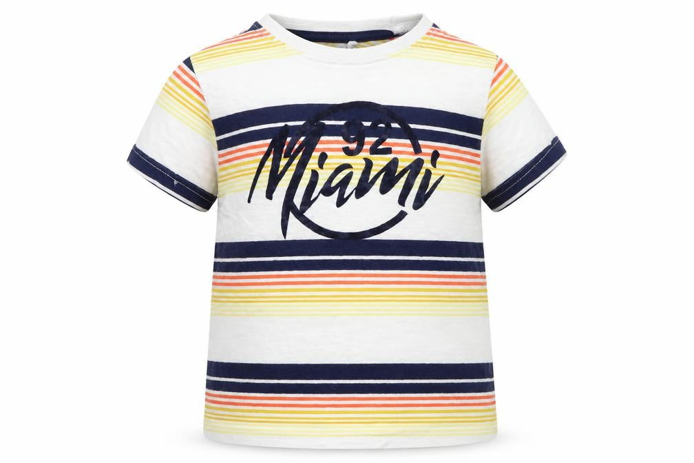 Front view of Primark boys’ silver striped basic t-shirt, size 4-5, years