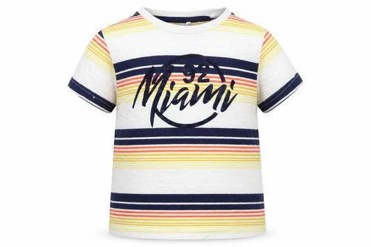 Front view of Primark boys’ silver striped basic t-shirt, size 4-5, years