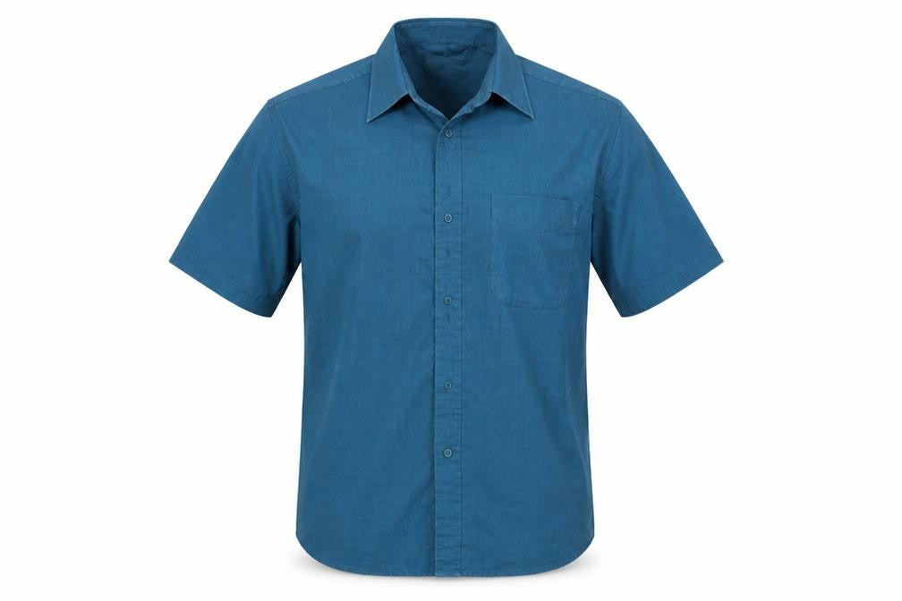 Front view of Essentials men’s blue button-up, size 15.5