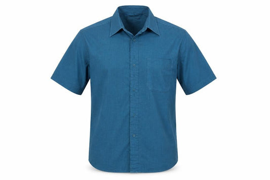 Front view of Essentials men’s blue button-up, size 15.5