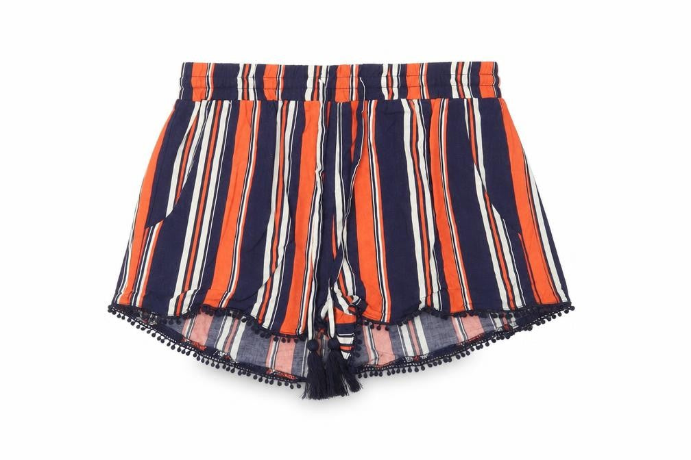 Front view of Atmosphere women’s blue striped culotte shorts, size UK 8