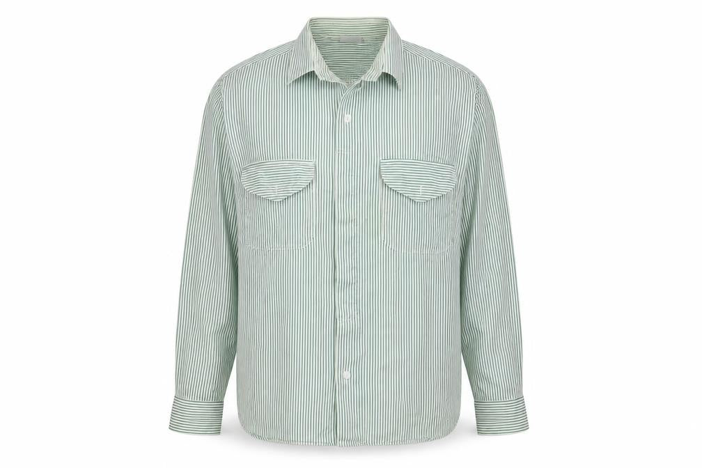 Front view of INL women’s green striped basic button-up, size UK 12