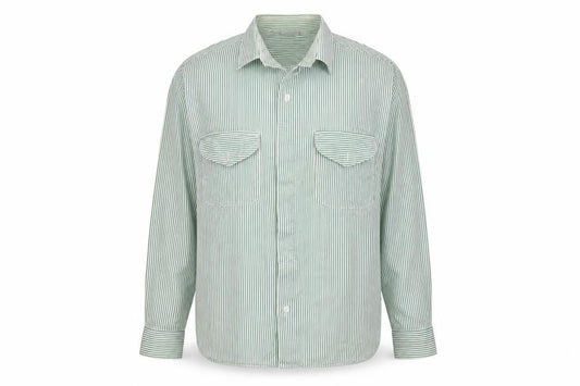 Front view of INL women’s green striped basic button-up, size UK 12