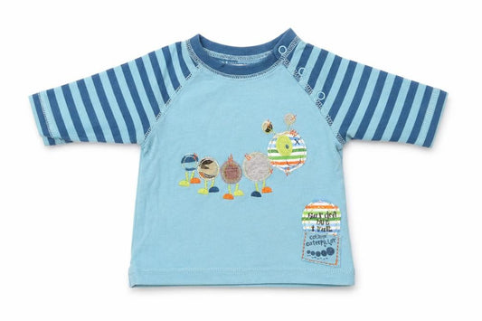 Front view of Cherokee Baby Blue Striped Jersey T-Shirt, size 0-3, Months - Garden bug trail