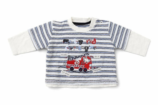 Front view of George Baby Blue Striped Jersey T-Shirt, size 0-3, Months - My big red fire engine