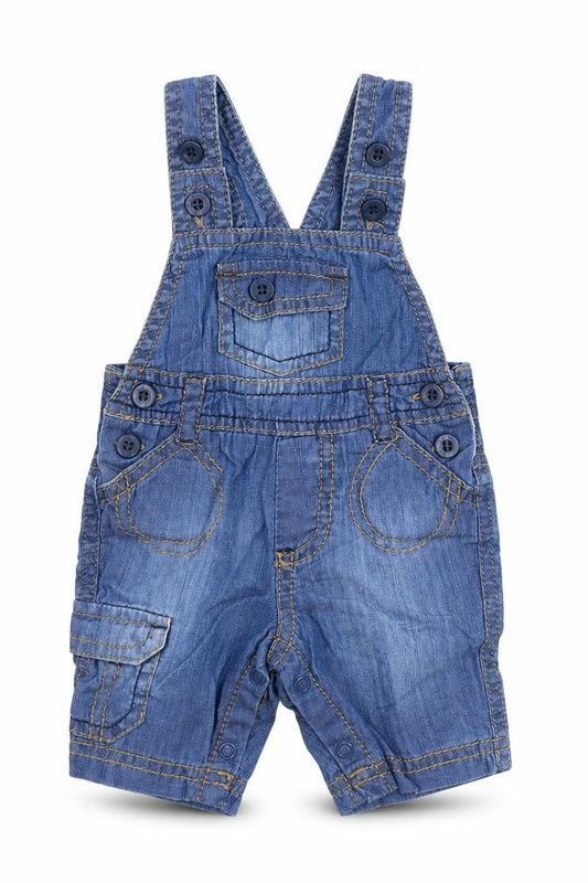 Front view of Baby Boutique Baby Blue Dungaree One-Piece, size 0-3, Months
