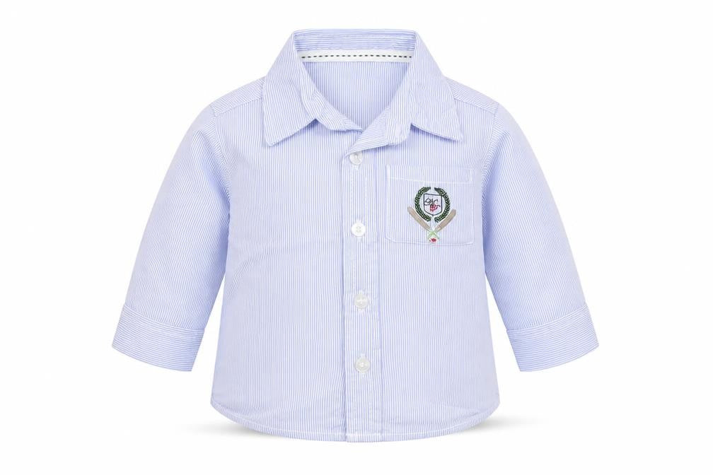 Front view of mamas & papas Baby Blue Striped Basic Button-Up, size 0-3, Months