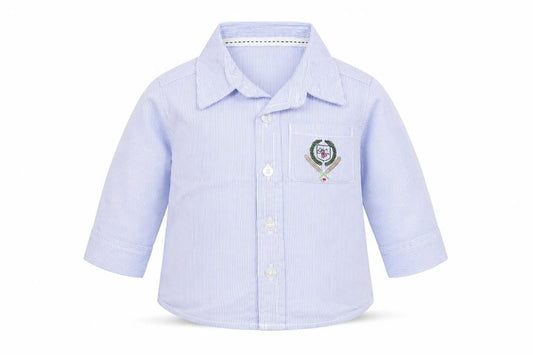 Front view of mamas & papas Baby Blue Striped Basic Button-Up, size 0-3, Months