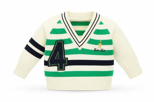Front view of mamas & papas Baby White Striped jumper, size 0-3, Months - Golden Duck