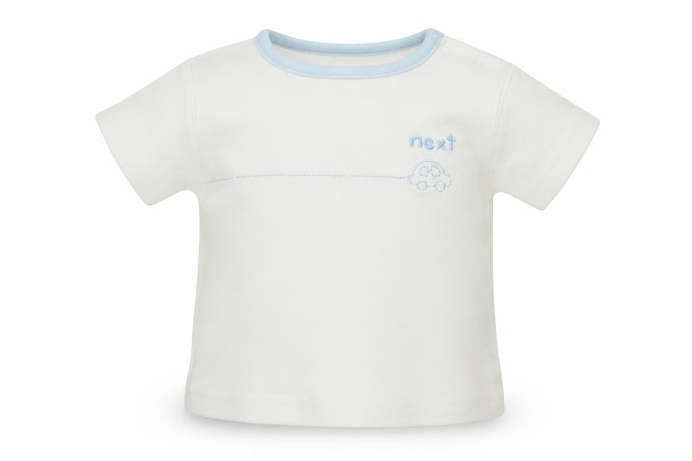 Front view of Next Baby White Basic T-Shirt, size 0-3, Months - Car