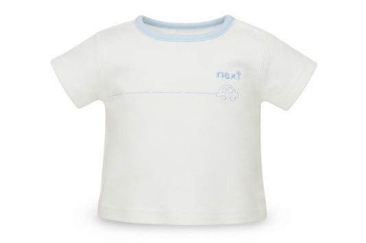 Front view of Next Baby White Basic T-Shirt, size 0-3, Months - Car
