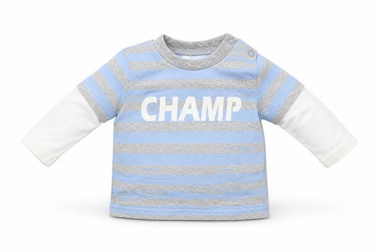 Front view of Tiny Ted Baby Blue Striped Jersey T-Shirt, size 3-6, Months - Champ