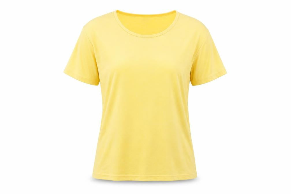 Front view of ELVI women’s yellow basic t-shirt, size M