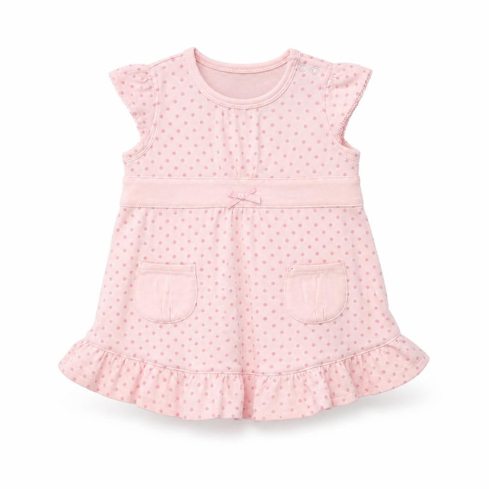 Front view of MINIMODE Baby Pink Polka Dot A-Line, size 3-6, Months