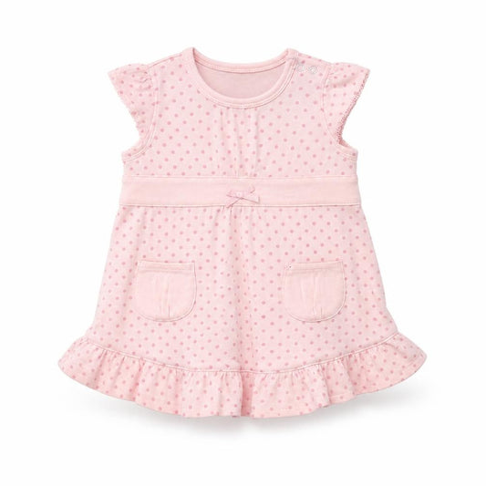 Front view of MINIMODE Baby Pink Polka Dot A-Line, size 3-6, Months