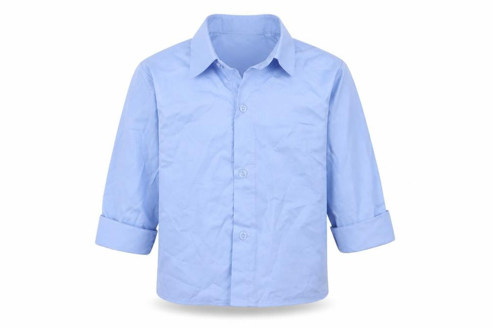 Front view of VivaKi boys’ blue basic button-up, size 3, years