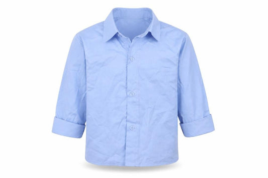 Front view of VivaKi boys’ blue basic button-up, size 3, years