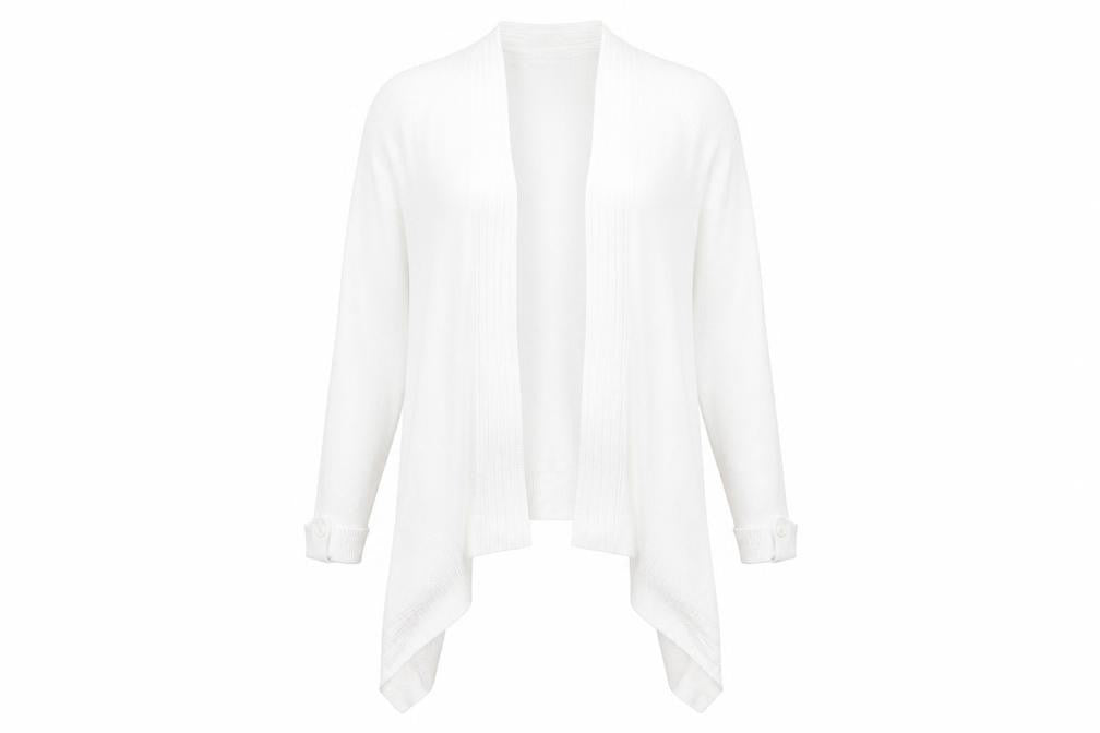 Front view of H&M women’s white cardigan jumper, size UK 12