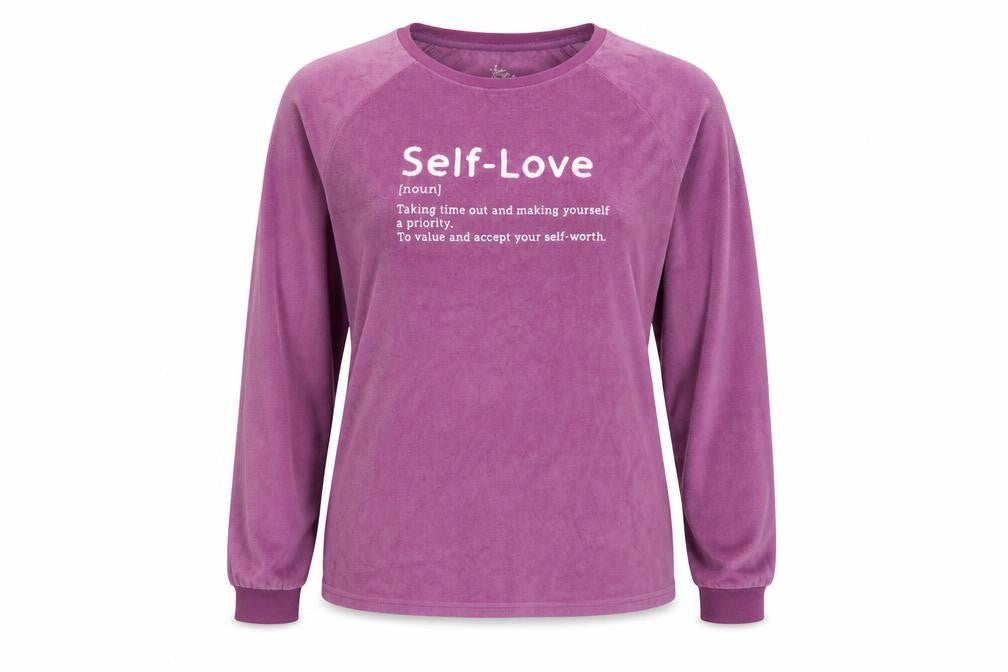 Front view of Love To Lounge women’s purple pullover sweatshirt, size UK 14