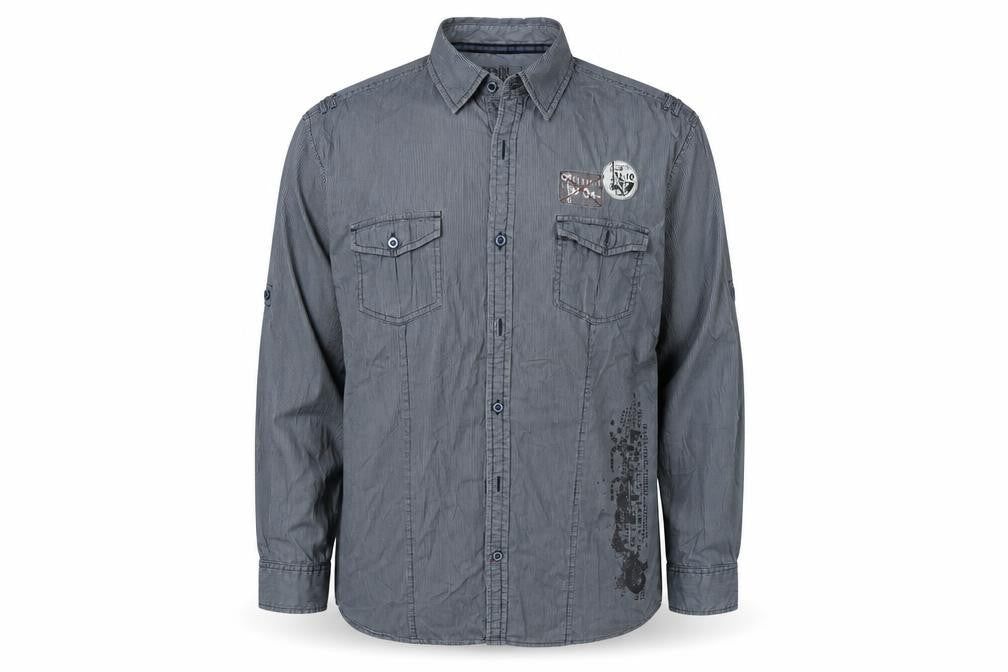 Front view of Denim Seventy3 men’s blue striped button-up, size L