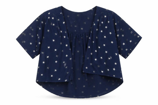 Front view of Next girls’ blue geometric mesh jacket, size 7, years - stars