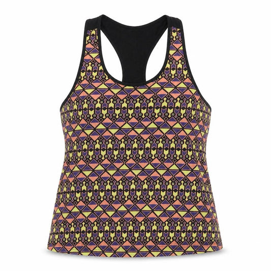 Front view of Crivit women’s black geometric basic tank, size UK 14