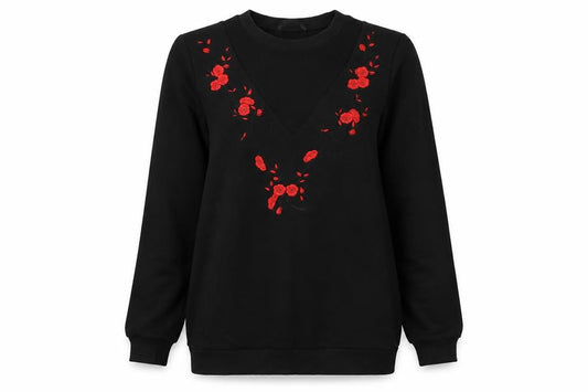 Front view of Primark women’s black floral jumper, size UK 8