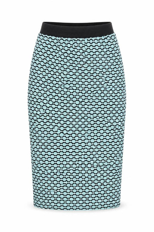 Front view of New Look women’s blue polka dot bandage skirt, size UK 8