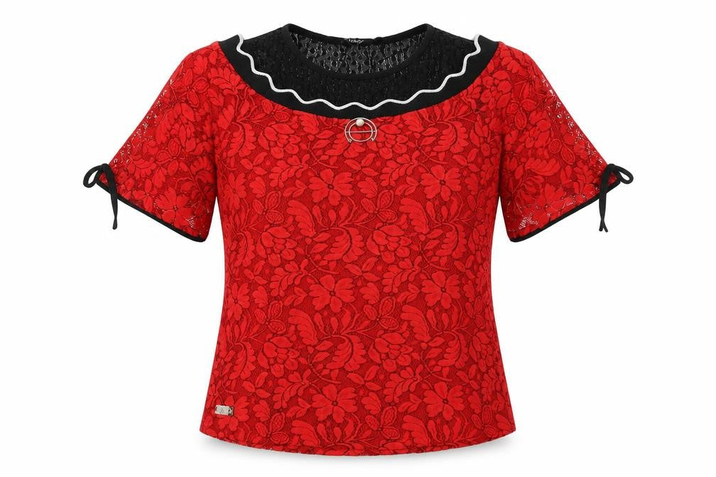 Front view of twisty women’s red floral basic t-shirt, size UK 12