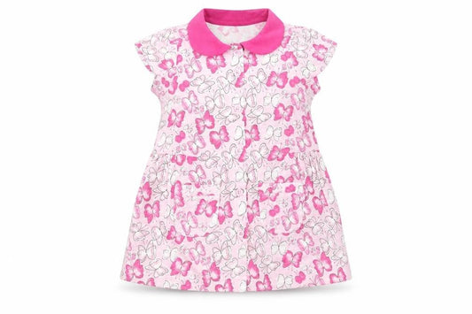 Front view of Matalan girls’ pink t-shirt dress, size 9-12, months - butterflies