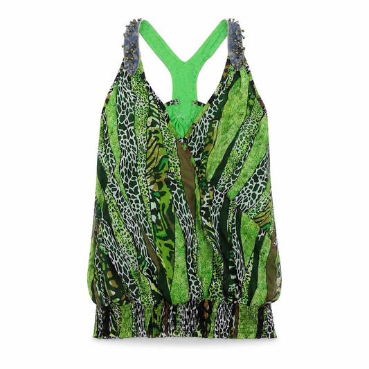 Front view of Jaune Rouge women’s green geometric basic tank, size M