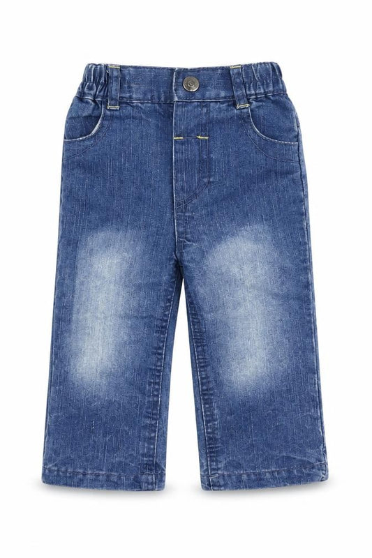 Front view of Early Days boys’ blue cargo jeans, size 6-9, months