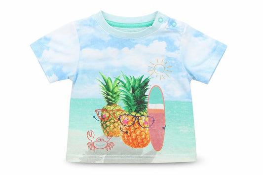 Front view of Tu Baby Blue Basic T-Shirt, size 0-3, Months - Pineapples on the Beach