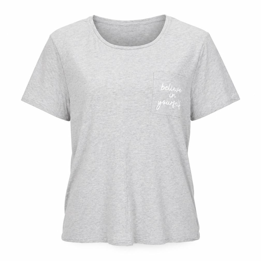 Front view of Primark women’s grey solid top pyjama top, size UK 10, - believe in yourself