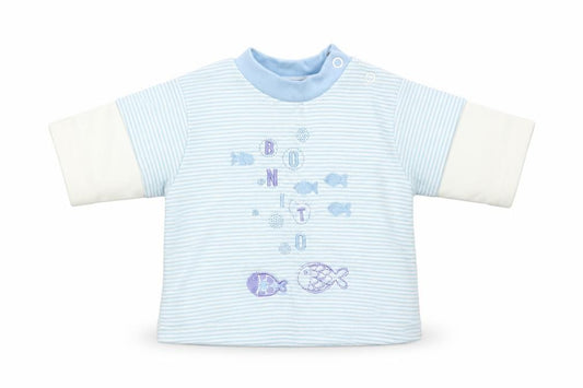 Front view of Teddy boys’ blue striped basic t-shirt, size 0-3, months