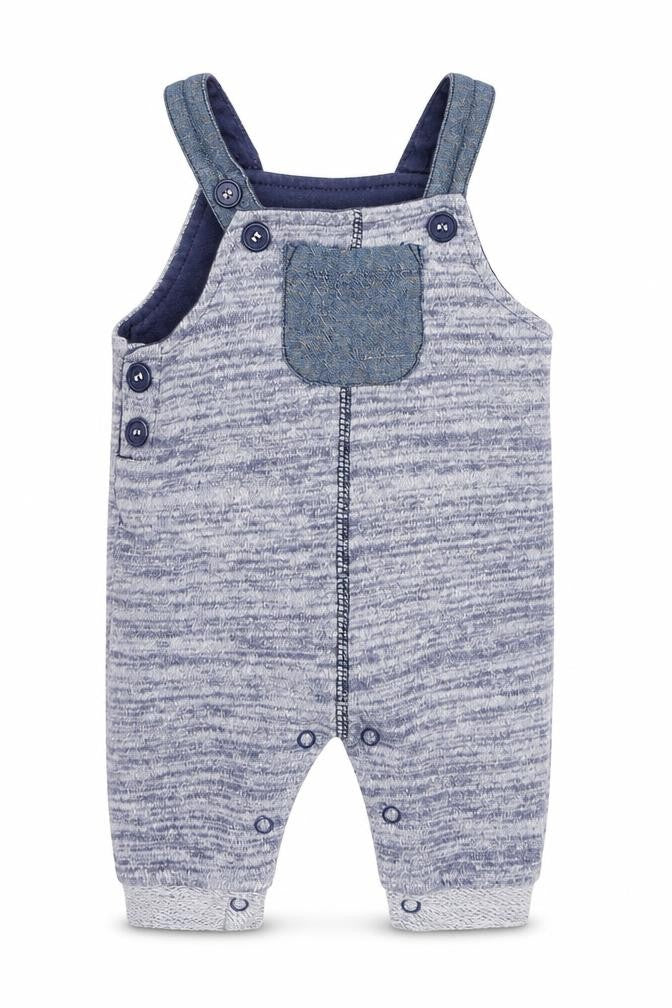 Front view of Tu boys’ blue dungaree one-piece, size 0-3, months