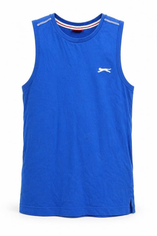 Front view of Slazenger boys’ blue basic tank, size 7-8, years