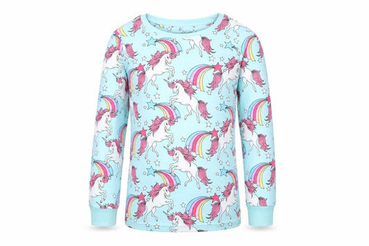 Front view of Next girls’ blue geometric jersey top pyjama top, size 11, years - unicorn