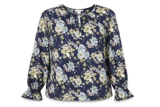 Front view of H&M women’s blue floral basic blouse, size UK 8