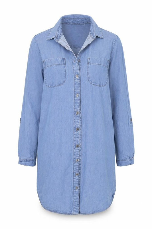 Front view of F&F women’s blue basic button-up, size UK 6