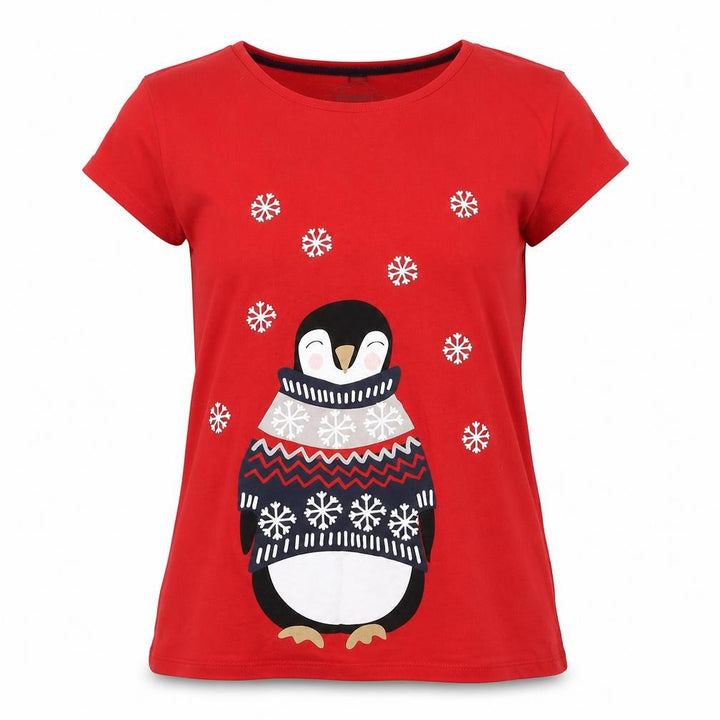 Nutmeg Womens Red Houndstooth Basic T-Shirt Size 10 - PENGUIN, snow flakes