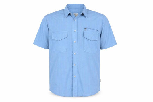 Front view of sun cai men’s blue button-up, size L