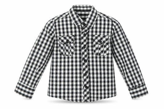 Front view of St Bernard boys’ black check basic button-up, size 4, years