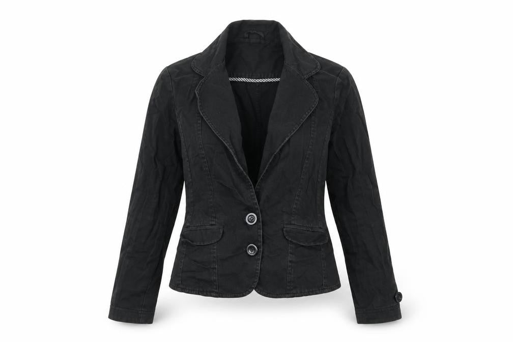 Front view of bay women’s black biker coat, size M