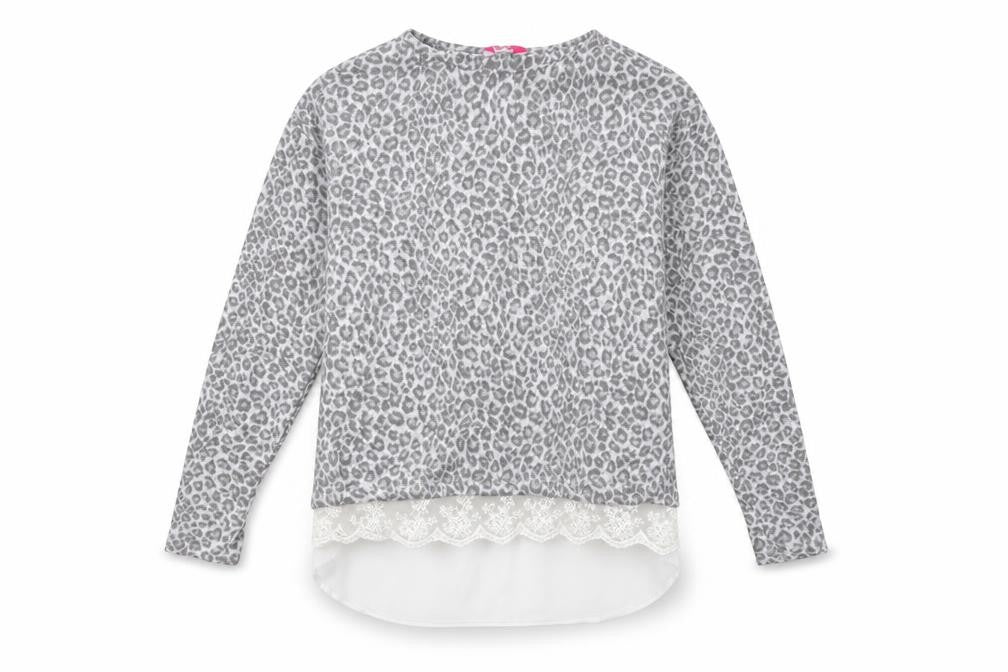 Front view of YD girls’ grey animal print jumper, size 12-13, years